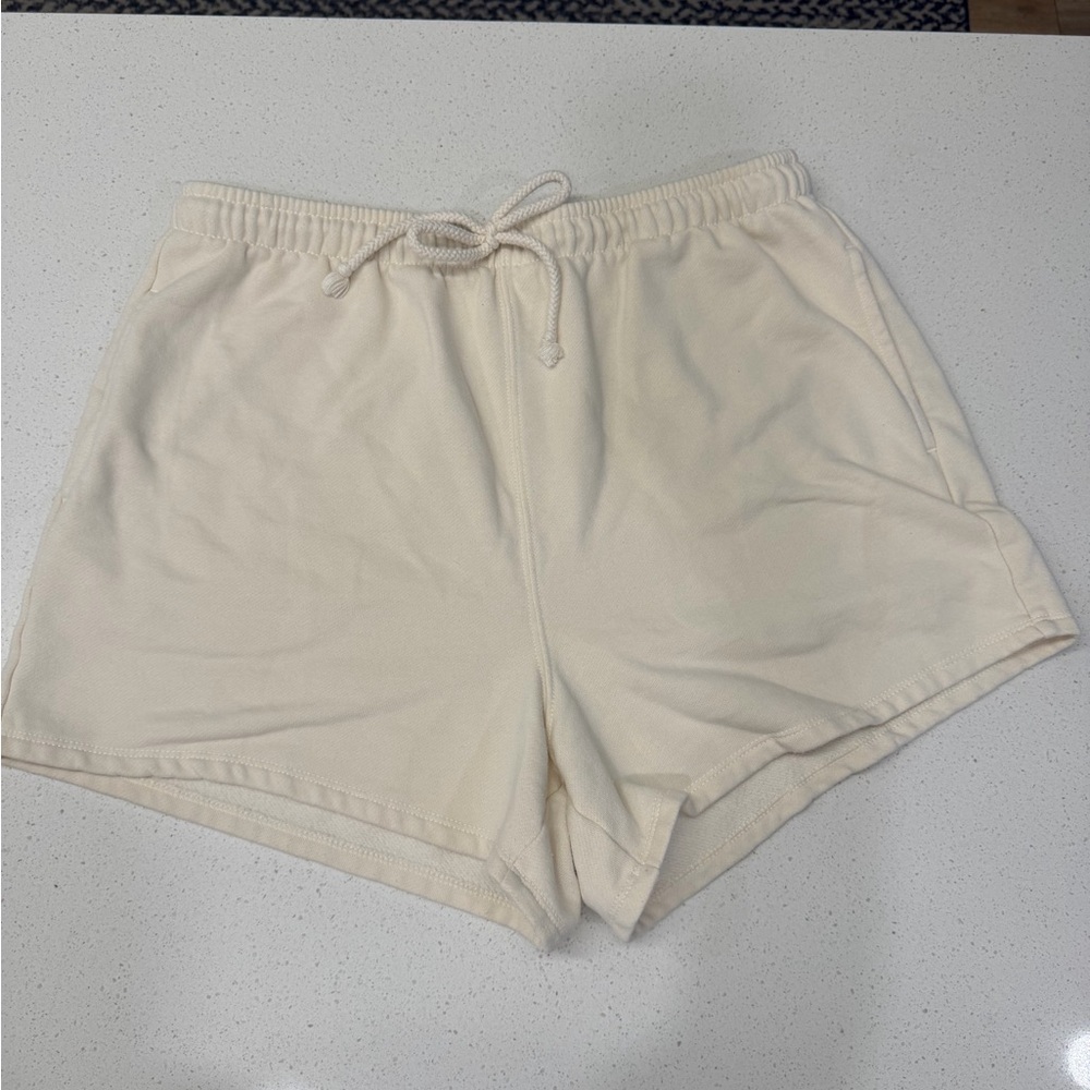 American Eagle Cream Drawstring Fleece Lounge Shorts